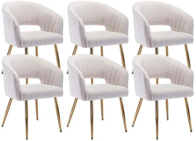 Main image of Modern Accent Dining Chairs, Set of 6, Velvet Dining Chairs with Tufted Hollow Back & Gold Metal Legs for Living Room, Dining or Restaurant - Cream