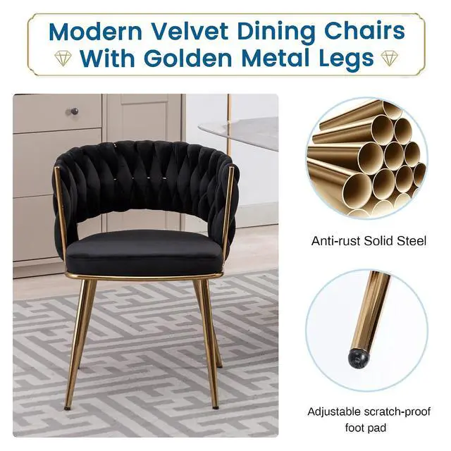 Alt view image 7 of 7 - Velvet Dining Chairs Set of 4, Gold Modern Dining Chair with Metal Legs, Woven Upholstered Dining Chairs for Dining Room, Kitchen, Vanity, Living Room (Black)