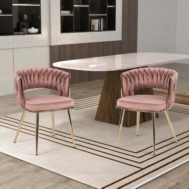 Alt view image 2 of 7 - Modern Velvet Dining Chairs Set of 4, Upholstered Living Room Chair with Woven Back and Golden Metal Legs, Mid-Century Accent Side Chair for Dining Room, Kitchen, Rose