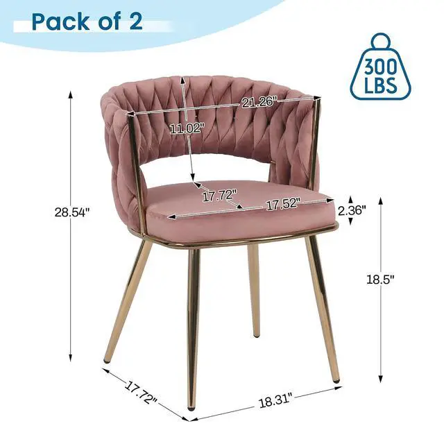 Alt view image 3 of 7 - Modern Velvet Dining Chairs Set of 4, Upholstered Living Room Chair with Woven Back and Golden Metal Legs, Mid-Century Accent Side Chair for Dining Room, Kitchen, Rose