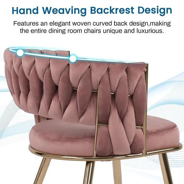 Alt view image 4 of 7 - Modern Velvet Dining Chairs Set of 4, Upholstered Living Room Chair with Woven Back and Golden Metal Legs, Mid-Century Accent Side Chair for Dining Room, Kitchen, Rose