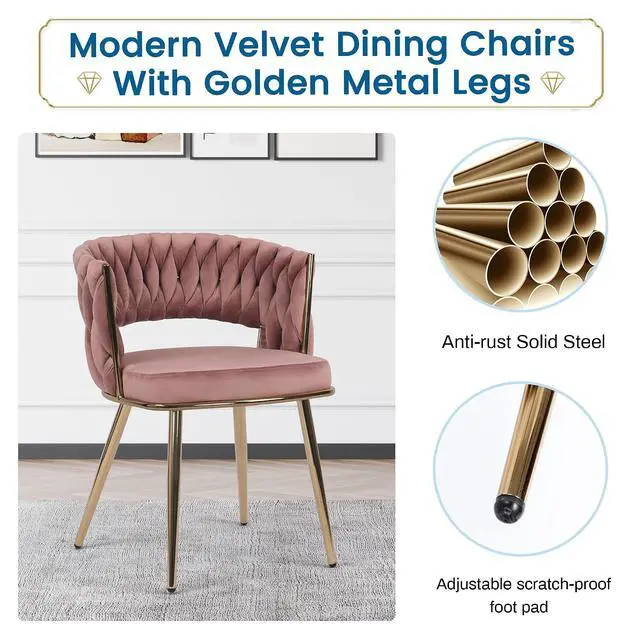 Alt view image 5 of 7 - Modern Velvet Dining Chairs Set of 4, Upholstered Living Room Chair with Woven Back and Golden Metal Legs, Mid-Century Accent Side Chair for Dining Room, Kitchen, Rose