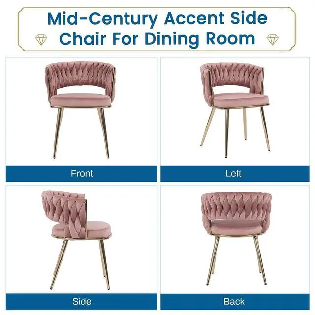 Alt view image 6 of 7 - Modern Velvet Dining Chairs Set of 4, Upholstered Living Room Chair with Woven Back and Golden Metal Legs, Mid-Century Accent Side Chair for Dining Room, Kitchen, Rose