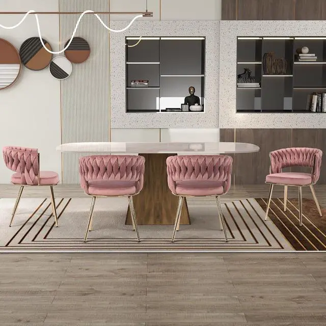 Alt view image 7 of 7 - Modern Velvet Dining Chairs Set of 4, Upholstered Living Room Chair with Woven Back and Golden Metal Legs, Mid-Century Accent Side Chair for Dining Room, Kitchen, Rose