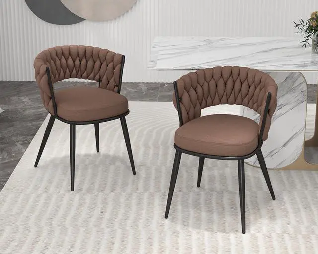 Alt view image 2 of 7 - Fabric Dining Chairs Set of 2, Modern Dining Chair with Metal Legs, Woven Upholstered Dining Chairs for Dining Room, Kitchen, Vanity, Living Room (Brown)