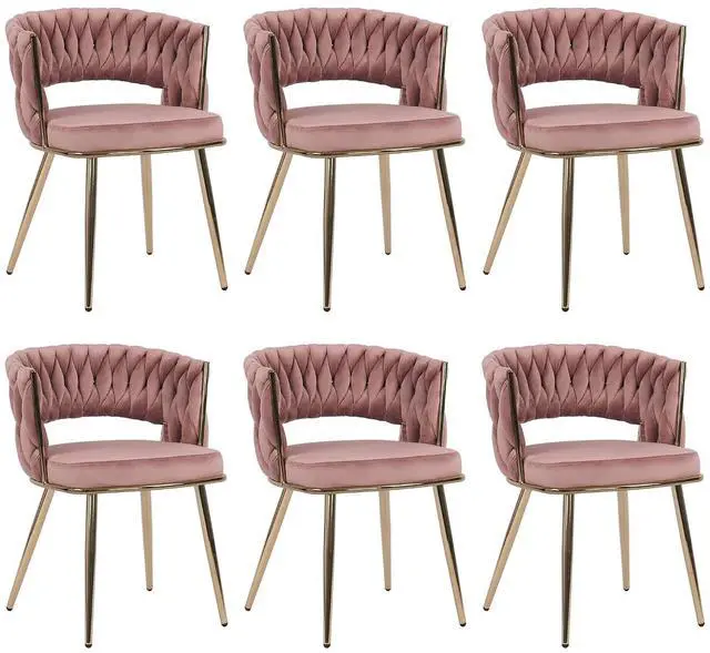 Main image of Modern Velvet Dining Chairs Set of 6, Upholstered Living Room Chair with Woven Back and Golden Metal Legs, Mid-Century Accent Side Chair for Dining Room, Kitchen, Rose