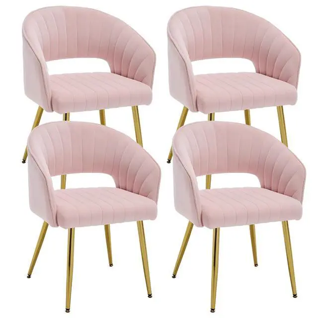 Main image of Modern Accent Dining Chairs Set of 4, Upholstered Velvet With Hollow Back, Tufted Kitchen Side Chairs With Gold Metal Legs for Living Room Restaurant, Pink