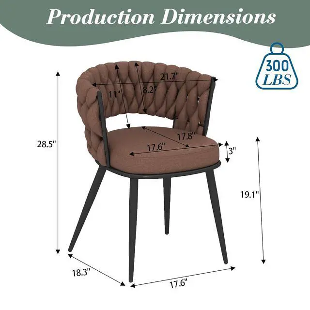 Alt view image 3 of 7 - Fabric Dining Chairs Set of 2, Modern Dining Chair with Metal Legs, Woven Upholstered Dining Chairs for Dining Room, Kitchen, Vanity, Living Room (Brown)