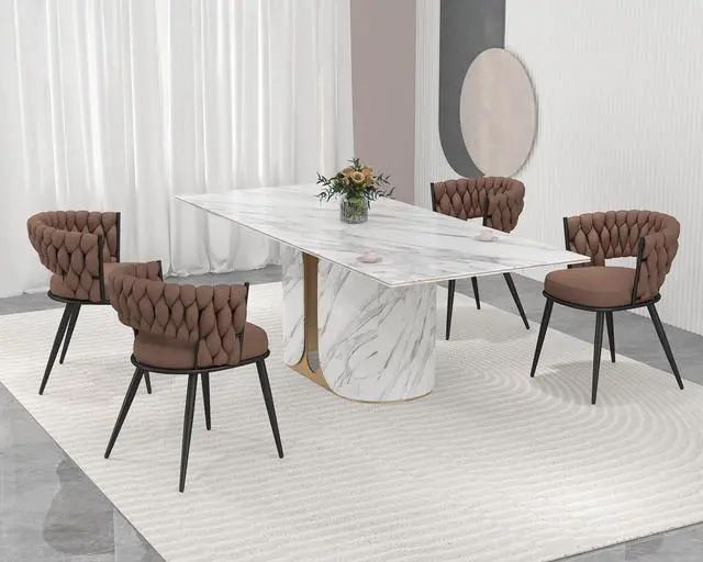 Alt view image 4 of 7 - Fabric Dining Chairs Set of 4, Modern Dining Chair with Metal Legs, Woven Upholstered Dining Chairs for Dining Room, Kitchen, Vanity, Living Room (Brown)
