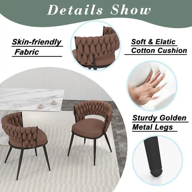 Alt view image 6 of 7 - Fabric Dining Chairs Set of 2, Modern Dining Chair with Metal Legs, Woven Upholstered Dining Chairs for Dining Room, Kitchen, Vanity, Living Room (Brown)