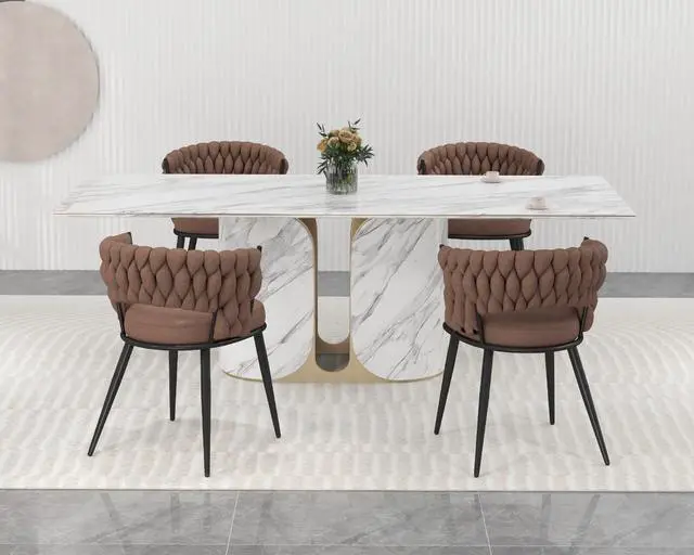 Alt view image 5 of 7 - Fabric Dining Chairs Set of 4, Modern Dining Chair with Metal Legs, Woven Upholstered Dining Chairs for Dining Room, Kitchen, Vanity, Living Room (Brown)