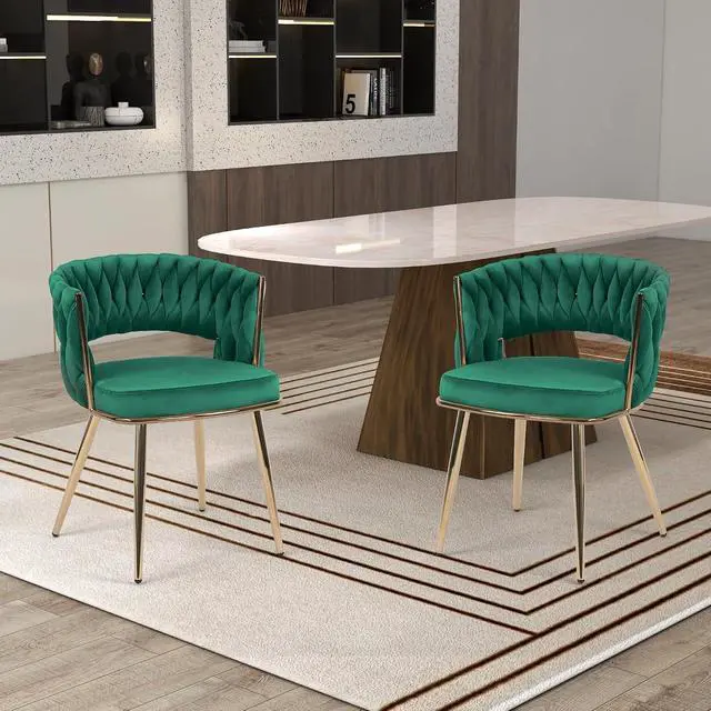 Alt view image 2 of 7 - Velvet Dining Chairs Set of 4, Gold Modern Dining Chair with Metal Legs, Woven Upholstered Dining Chairs for Dining Room, Kitchen, Vanity, Living Room (Green)