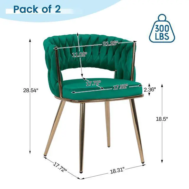 Alt view image 3 of 7 - Velvet Dining Chairs Set of 4, Gold Modern Dining Chair with Metal Legs, Woven Upholstered Dining Chairs for Dining Room, Kitchen, Vanity, Living Room (Green)