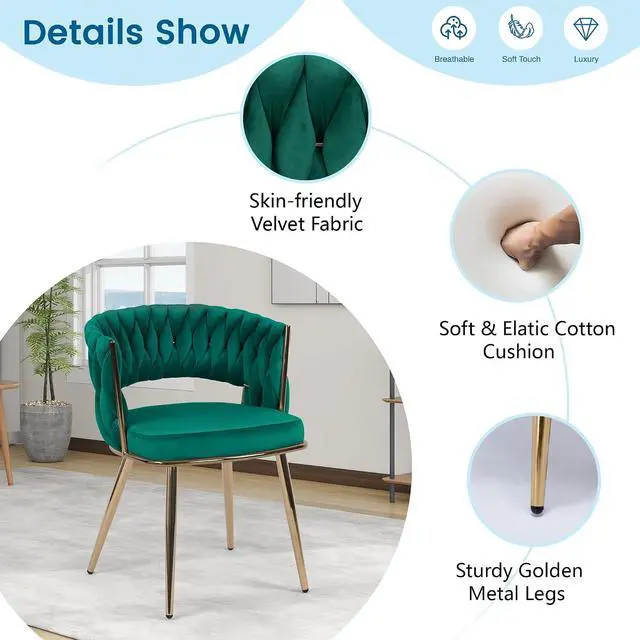 Alt view image 4 of 7 - Velvet Dining Chairs Set of 4, Gold Modern Dining Chair with Metal Legs, Woven Upholstered Dining Chairs for Dining Room, Kitchen, Vanity, Living Room (Green)