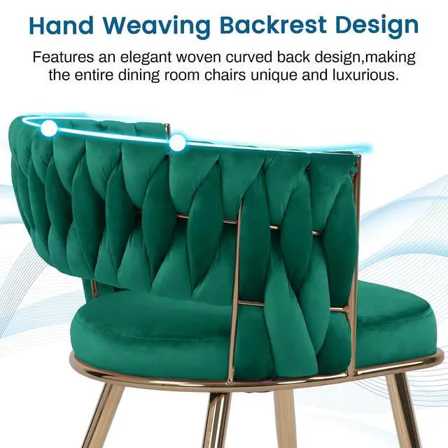 Alt view image 5 of 7 - Velvet Dining Chairs Set of 4, Gold Modern Dining Chair with Metal Legs, Woven Upholstered Dining Chairs for Dining Room, Kitchen, Vanity, Living Room (Green)