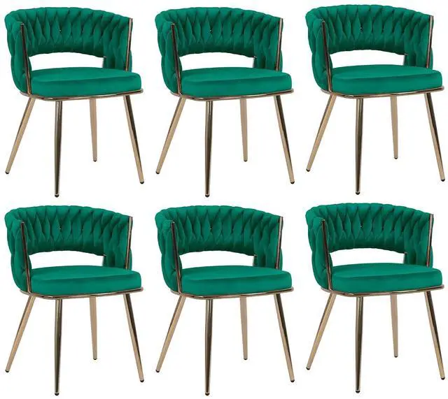 Main image of Velvet Dining Chairs Set of 6, Gold Modern Dining Chair with Metal Legs, Woven Upholstered Dining Chairs for Dining Room, Kitchen, Vanity, Living Room (Green)