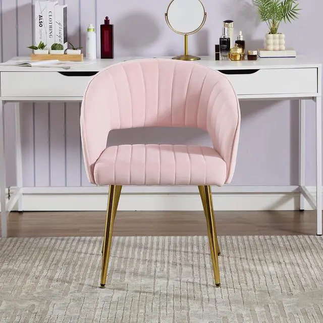 Alt view image 2 of 7 - Modern Accent Dining Chairs Set of 4, Upholstered Velvet With Hollow Back, Tufted Kitchen Side Chairs With Gold Metal Legs for Living Room Restaurant, Pink