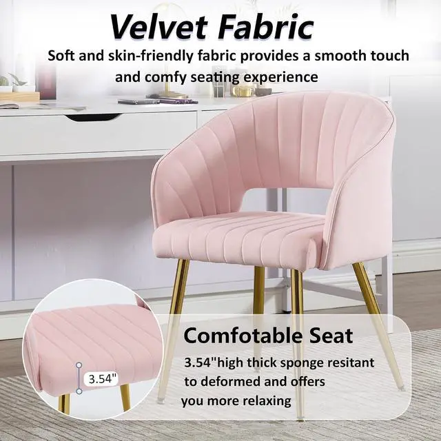 Alt view image 4 of 7 - Modern Accent Dining Chairs Set of 4, Upholstered Velvet With Hollow Back, Tufted Kitchen Side Chairs With Gold Metal Legs for Living Room Restaurant, Pink