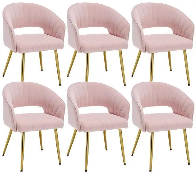 Main image of Modern Accent Dining Chairs Set of 6, Upholstered Velvet Dining Room Chairs with Hollow Back, Tufted Kitchen Chairs Side Chairs with Gold Metal Legs for Living Room Restaurant, Pink