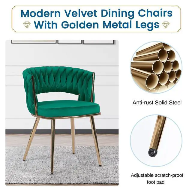 Alt view image 6 of 7 - Velvet Dining Chairs Set of 4, Gold Modern Dining Chair with Metal Legs, Woven Upholstered Dining Chairs for Dining Room, Kitchen, Vanity, Living Room (Green)