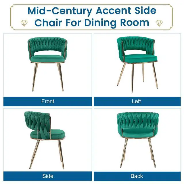 Alt view image 7 of 7 - Velvet Dining Chairs Set of 4, Gold Modern Dining Chair with Metal Legs, Woven Upholstered Dining Chairs for Dining Room, Kitchen, Vanity, Living Room (Green)