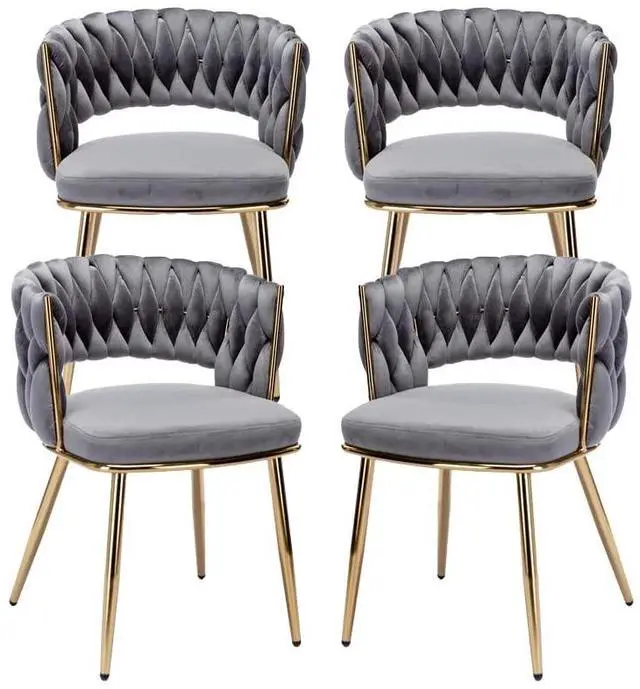 Main image of Velvet Dining Chairs Set of 4, Gold Modern Dining Chair with Metal Legs, Woven Upholstered Dining Chairs for Dining Room, Kitchen, Vanity, Living Room (Gray)