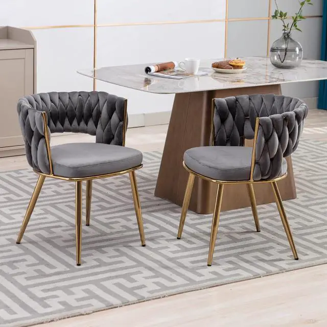 Alt view image 2 of 7 - Velvet Dining Chairs Set of 4, Gold Modern Dining Chair with Metal Legs, Woven Upholstered Dining Chairs for Dining Room, Kitchen, Vanity, Living Room (Gray)