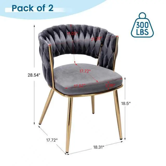 Alt view image 3 of 7 - Velvet Dining Chairs Set of 4, Gold Modern Dining Chair with Metal Legs, Woven Upholstered Dining Chairs for Dining Room, Kitchen, Vanity, Living Room (Gray)