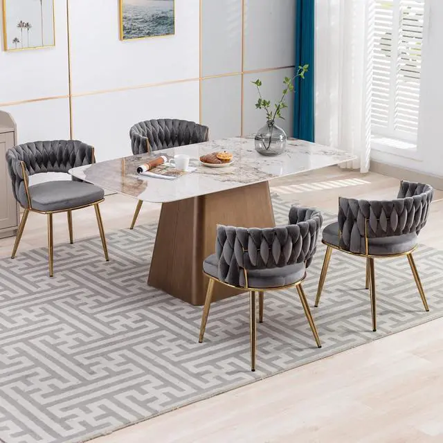 Alt view image 4 of 7 - Velvet Dining Chairs Set of 4, Gold Modern Dining Chair with Metal Legs, Woven Upholstered Dining Chairs for Dining Room, Kitchen, Vanity, Living Room (Gray)