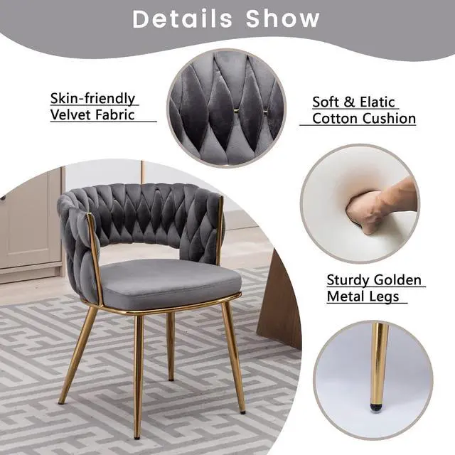 Alt view image 5 of 7 - Velvet Dining Chairs Set of 4, Gold Modern Dining Chair with Metal Legs, Woven Upholstered Dining Chairs for Dining Room, Kitchen, Vanity, Living Room (Gray)