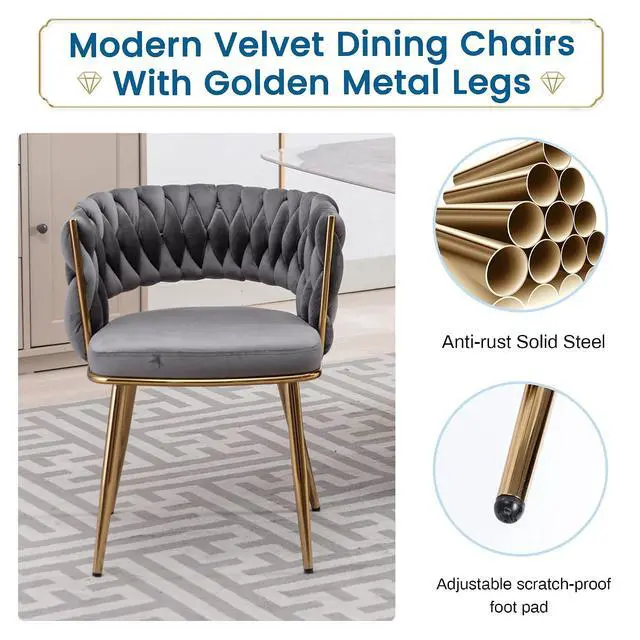 Alt view image 7 of 7 - Velvet Dining Chairs Set of 4, Gold Modern Dining Chair with Metal Legs, Woven Upholstered Dining Chairs for Dining Room, Kitchen, Vanity, Living Room (Gray)