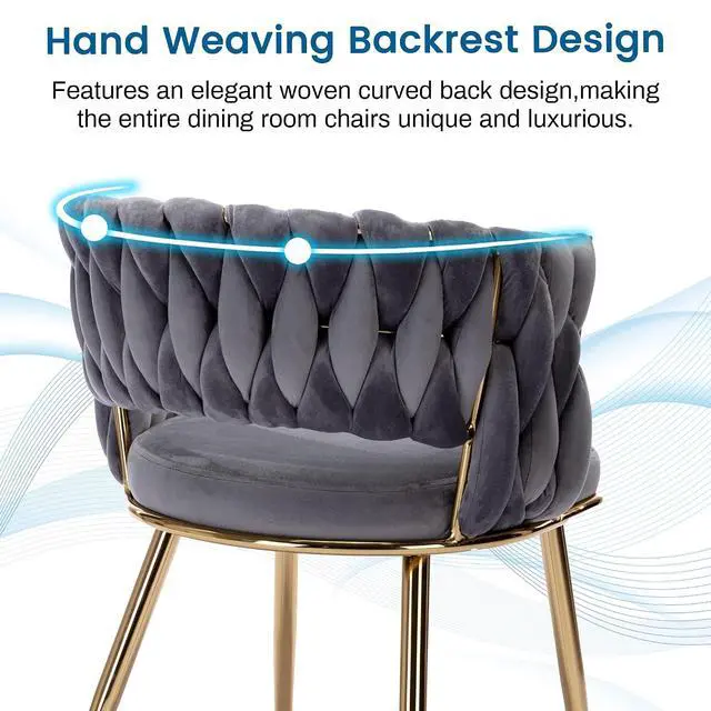 Alt view image 6 of 7 - Velvet Dining Chairs Set of 4, Gold Modern Dining Chair with Metal Legs, Woven Upholstered Dining Chairs for Dining Room, Kitchen, Vanity, Living Room (Gray)