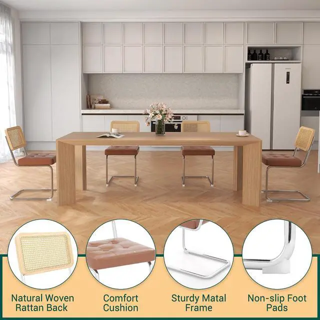 Alt view image 5 of 7 - Mid Century Modern Dining Chairs Set of 4, Faux Leather Rattan Dining Room Kitchen Side Chairs with Metal Legs and Upholstered Seat for Living Room, Bedroom,Brown