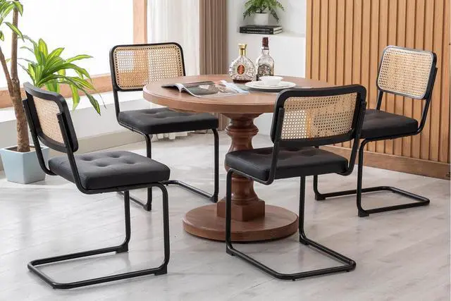 Main image of Mid Century Modern Dining Chairs Set of 4, Faux Leather Rattan Dining Room Kitchen Side Chairs with Metal Legs and Upholstered Seat for Dining Room, Living Room, Bedroom,Black