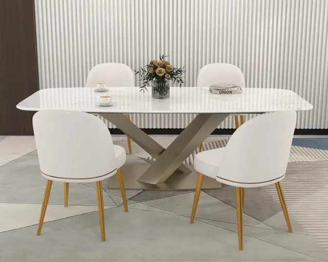 Alt view image 4 of 7 - Modern PU Leather Dining Chairs Set of 4, Upholstered Kitchen Chairs Armless Side Chairs with Curved Back and Gold Metal Legs for Dining Room/Restaurant(White)