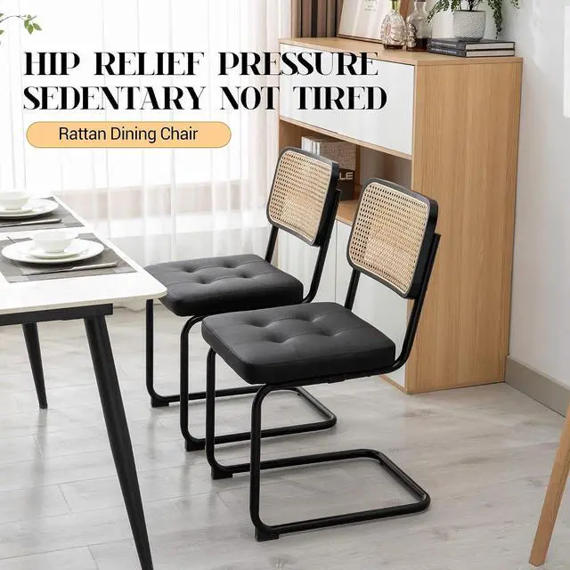 Alt view image 3 of 7 - Mid Century Modern Dining Chairs Set of 4, Faux Leather Rattan Dining Room Kitchen Side Chairs with Metal Legs and Upholstered Seat for Dining Room, Living Room, Bedroom,Black