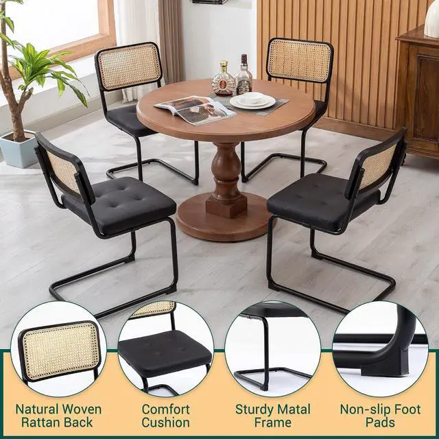 Alt view image 7 of 7 - Mid Century Modern Dining Chairs Set of 4, Faux Leather Rattan Dining Room Kitchen Side Chairs with Metal Legs and Upholstered Seat for Dining Room, Living Room, Bedroom,Black