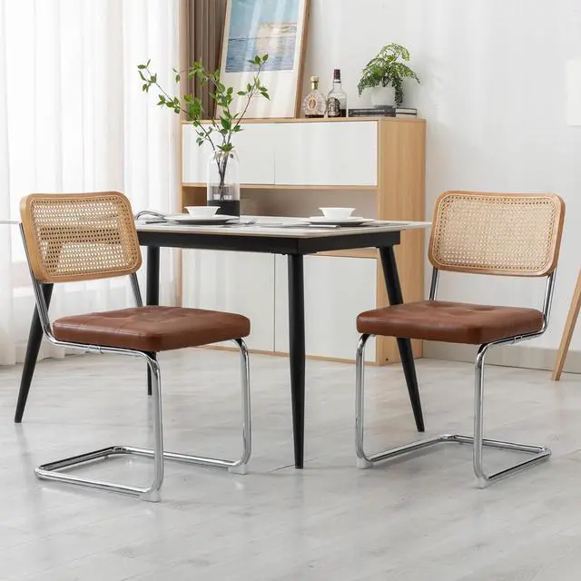 Main image of Mid Century Modern Dining Chairs Set of 2, Faux Leather Rattan Dining Room Kitchen Side Chairs with Metal Legs and Upholstered Seat for Dining Room, Living Room, Bedroom,Brown