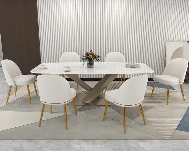 Alt view image 4 of 7 - Modern PU Leather Dining Chairs Set of 6, Upholstered Kitchen Chairs Armless Side Chairs with Curved Back and Gold Metal Legs for Dining Room/Restaurant(White)