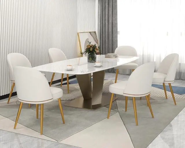 Alt view image 5 of 7 - Modern PU Leather Dining Chairs Set of 6, Upholstered Kitchen Chairs Armless Side Chairs with Curved Back and Gold Metal Legs for Dining Room/Restaurant(White)