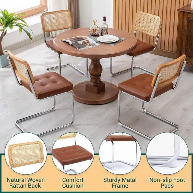 Alt view image 5 of 7 - Mid Century Modern Dining Chairs Set of 2, Faux Leather Rattan Dining Room Kitchen Side Chairs with Metal Legs and Upholstered Seat for Dining Room, Living Room, Bedroom,Brown