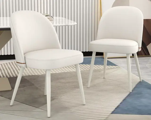 Alt view image 2 of 7 - Modern PU Leather Dining Chairs Set of 2, Upholstered Kitchen Chairs Armless Side Chairs with Curved Back and White Metal Legs for Dining Room/Restaurant(White)