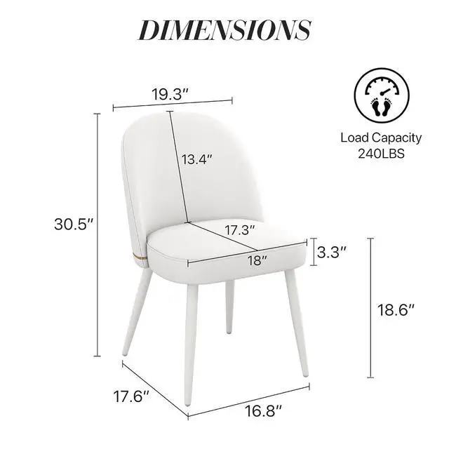 Alt view image 3 of 7 - Modern PU Leather Dining Chairs Set of 2, Upholstered Kitchen Chairs Armless Side Chairs with Curved Back and White Metal Legs for Dining Room/Restaurant(White)