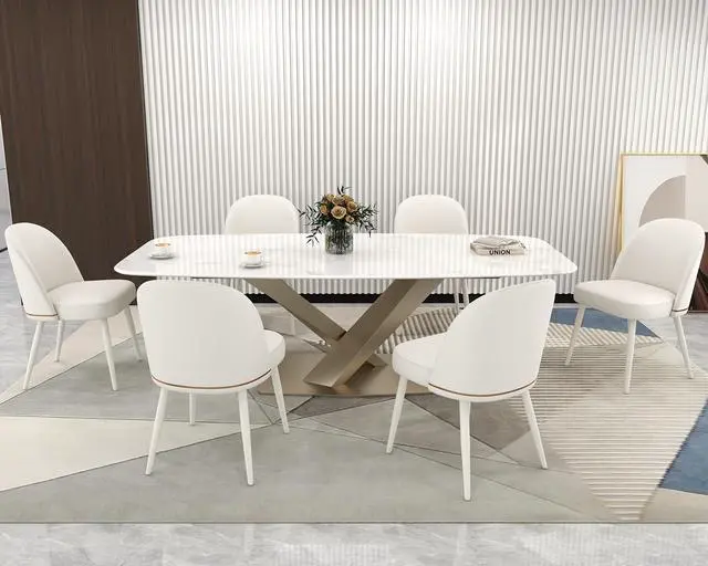 Alt view image 4 of 7 - Modern PU Leather Dining Chairs Set of 6, Upholstered Kitchen Chairs Armless Side Chairs with Curved Back and White Metal Legs for Dining Room/Restaurant(White)