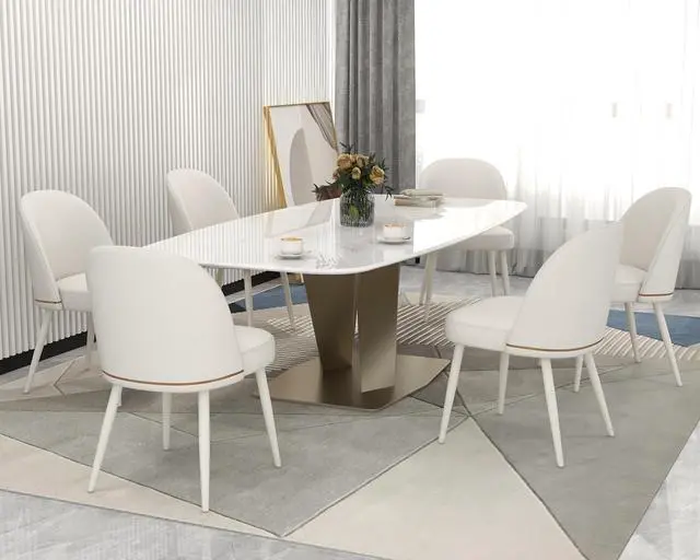 Alt view image 5 of 7 - Modern PU Leather Dining Chairs Set of 6, Upholstered Kitchen Chairs Armless Side Chairs with Curved Back and White Metal Legs for Dining Room/Restaurant(White)