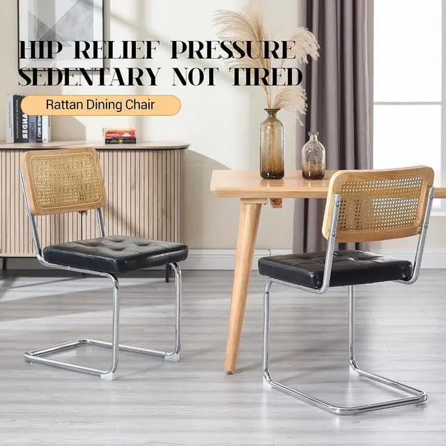 Alt view image 7 of 7 - Mid Century Modern Dining Chairs Set of 2, Faux Leather Rattan Dining Room Kitchen Side Chairs with Metal Legs and Upholstered Seat for Dining Room, Living Room, Bedroom, Silver Legs