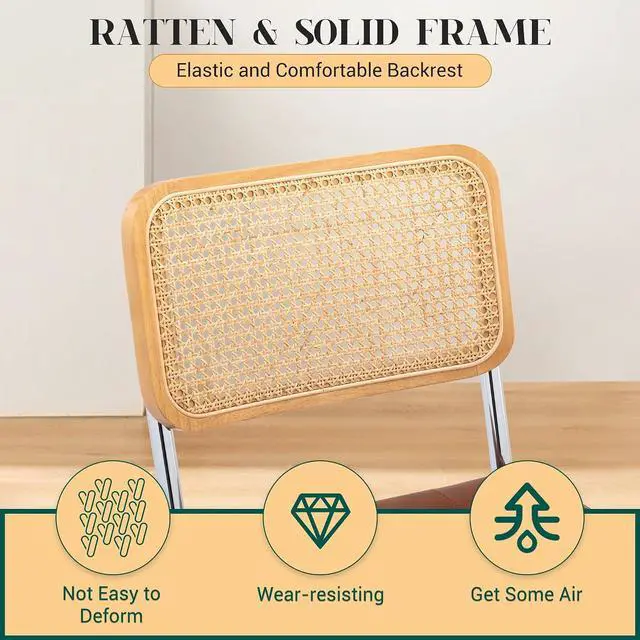 Alt view image 3 of 7 - Mid Century Modern Dining Chairs Set of 2, Faux Leather Rattan Dining Room Kitchen Side Chairs with Metal Legs and Upholstered Seat for Dining Room, Living Room, Bedroom,Brown