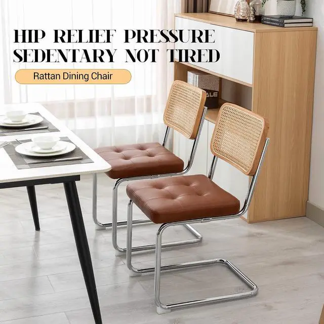 Alt view image 7 of 7 - Mid Century Modern Dining Chairs Set of 4, Faux Leather Rattan Dining Room Kitchen Side Chairs with Metal Legs and Upholstered Seat for Living Room, Bedroom,Brown