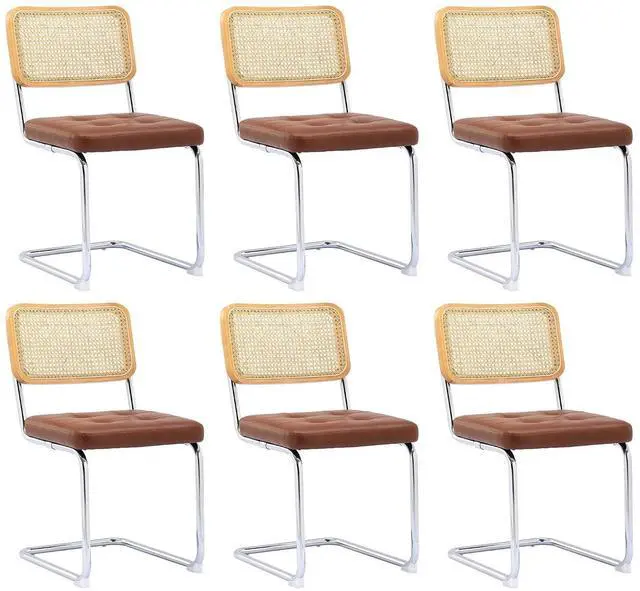 Main image of Mid Century Modern Dining Chairs Set of 6, Faux Leather Rattan Dining Room Kitchen Side Chairs with Metal Legs and Upholstered Seat for Living Room, Bedroom,Brown