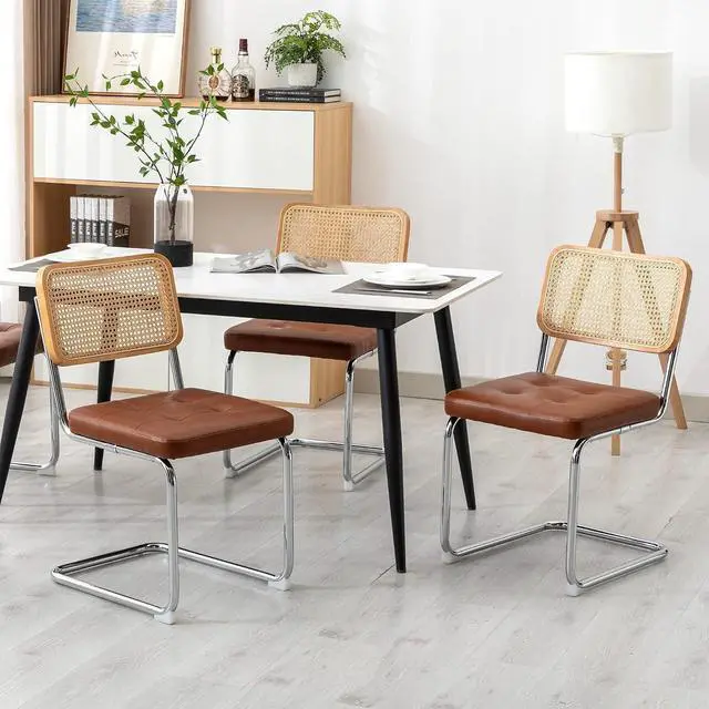 Alt view image 2 of 7 - Mid Century Modern Dining Chairs Set of 6, Faux Leather Rattan Dining Room Kitchen Side Chairs with Metal Legs and Upholstered Seat for Living Room, Bedroom,Brown